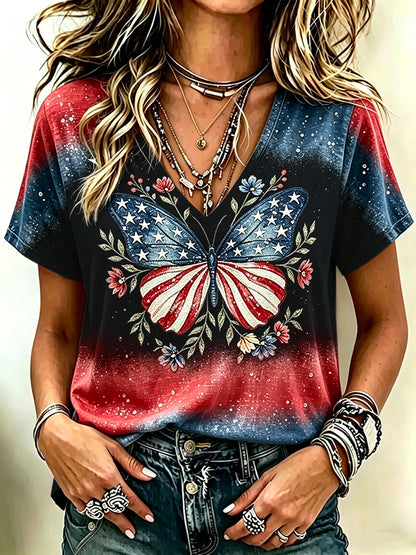 Cardydony Women's Vintage Independence Day Butterfly Printed V Neck Short Sleeve Casual Shirt