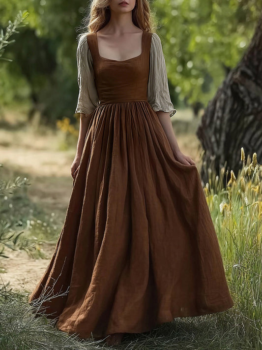 Cardydony Vintage Elegant Contrast Color Flowy Linen Maxi Dress