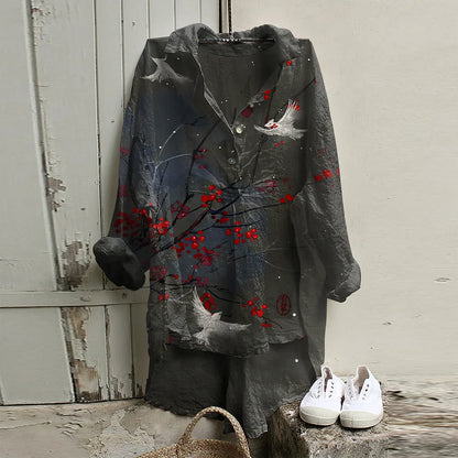 Cardydony Women's Japanese Art Red Plum And Birds Linen Blend High Low Tunic
