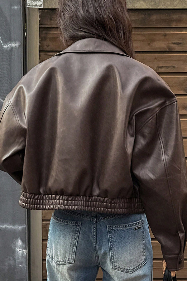 Cardydony Women's Fashion Lapel Long Sleeve Casual Pocket Short Leather Jacket
