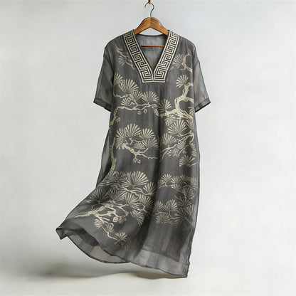 Cardydony Pine Trees Japanese Lino Art Flowy Linen Maxi Dress