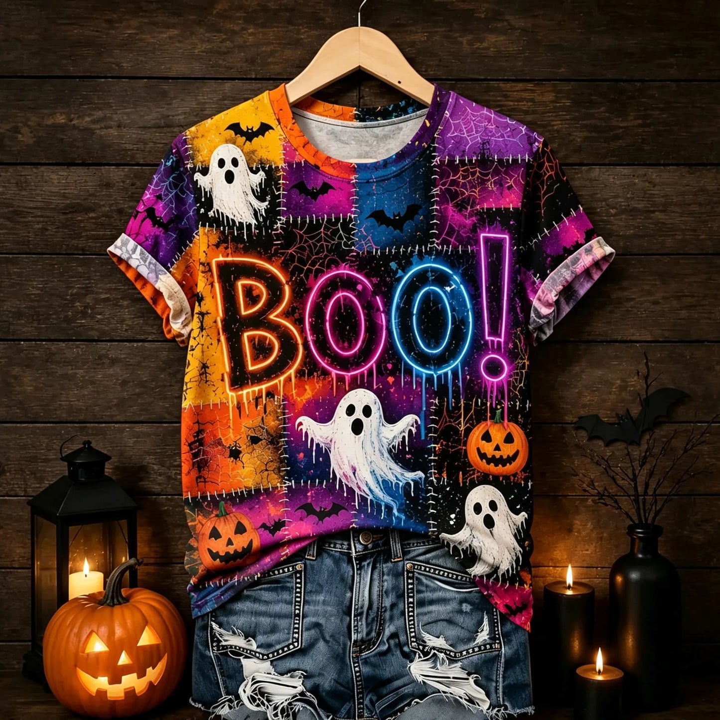 Cardydony Women's Retro Halloween Theme Ghost Print Casual T-shirt