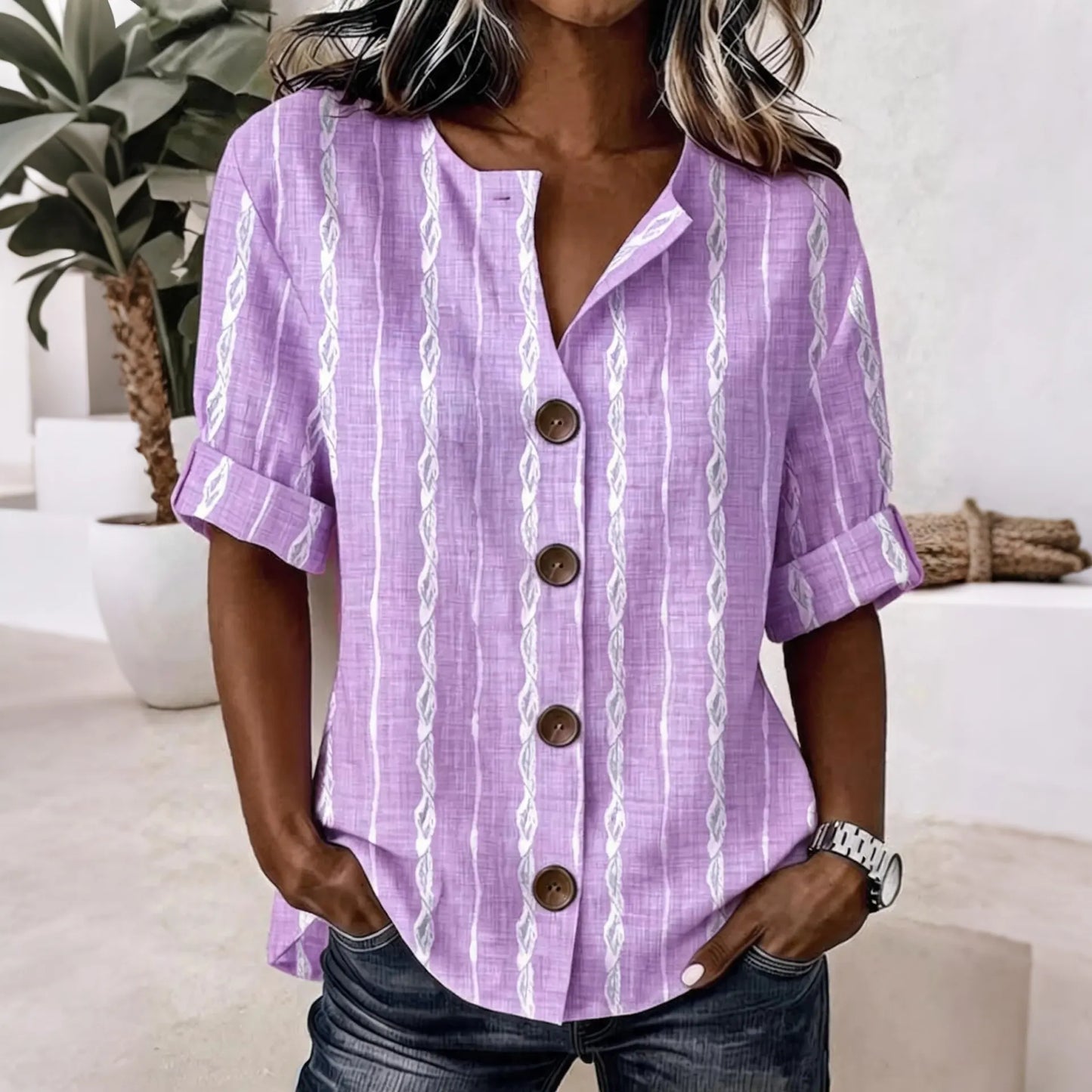 Cardydony Women's Striped Art Pattern Casual Shirt