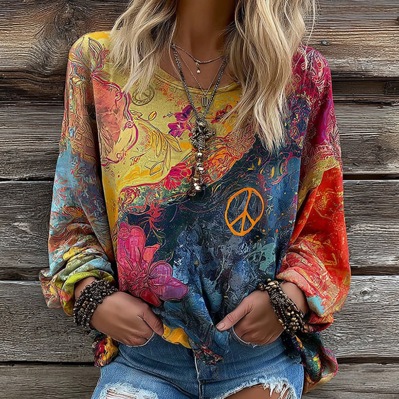 Cardydony Women's Hippie Style Peace Logo Print Crew Neck T-shirt