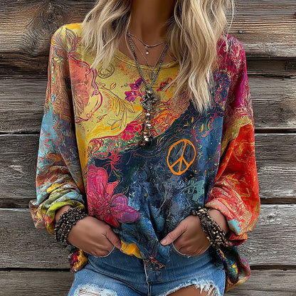 Cardydony Women's Hippie Style Peace Logo Print Crew Neck T-shirt