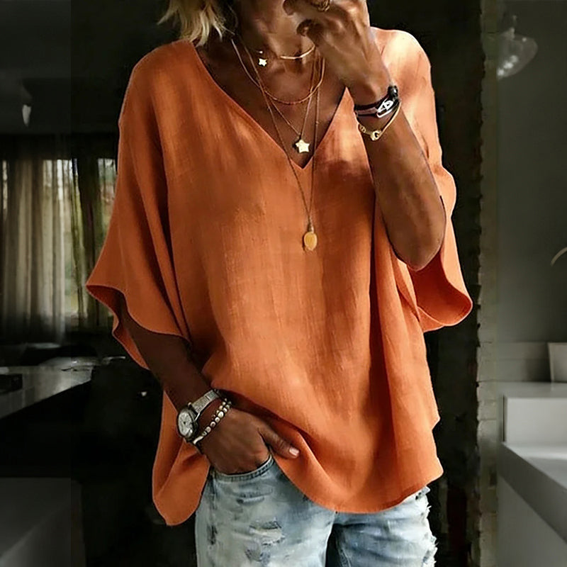 Cardydony Women's Solid Color V-neck Linen Blend Loose T-shirt