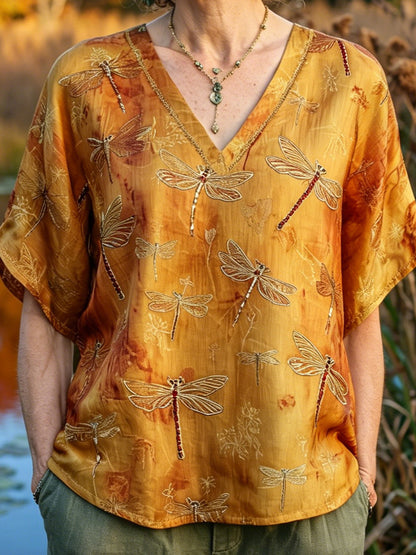 Cardydony Bohemian Ombre Caramel Tie Dye Satin Dragonfly Embroidery V Neck Blouse