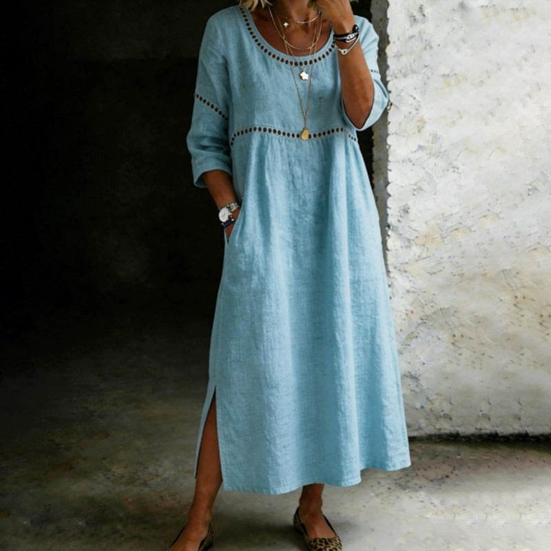 Cardydony Women's Solid Color Round Neck Split Linen Blend Midi Dress
