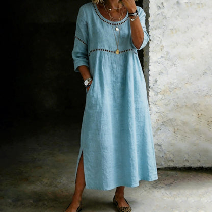 Cardydony Women's Solid Color Round Neck Split Linen Blend Midi Dress