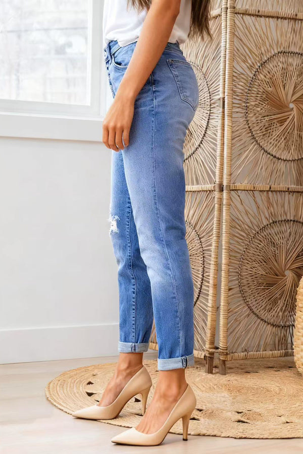 Cardydony Women's Stylish High-waisted Button-down Casual Pocket Ripped Jeans