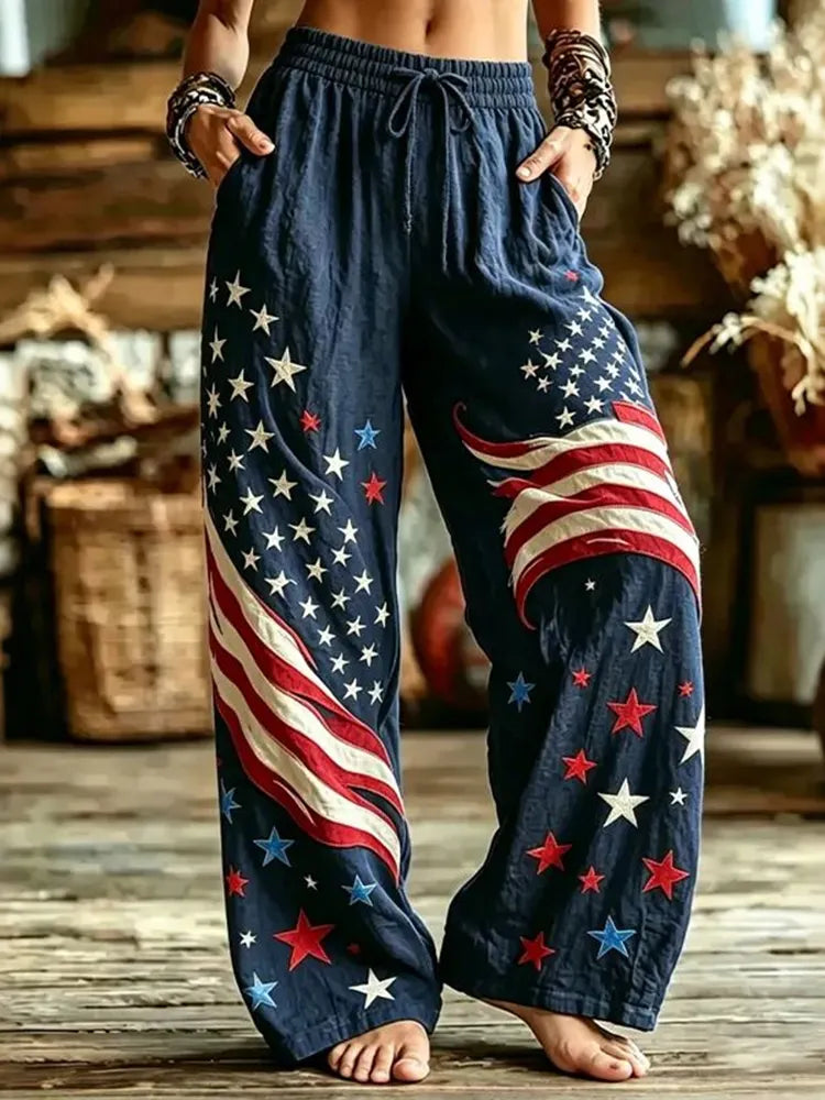 Cardydony Women's Casual American Flag And Star Print Cotton Linen Trousers
