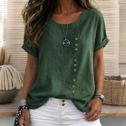Cardydony Women's Solid Color Round Neck Button Design T-shirt