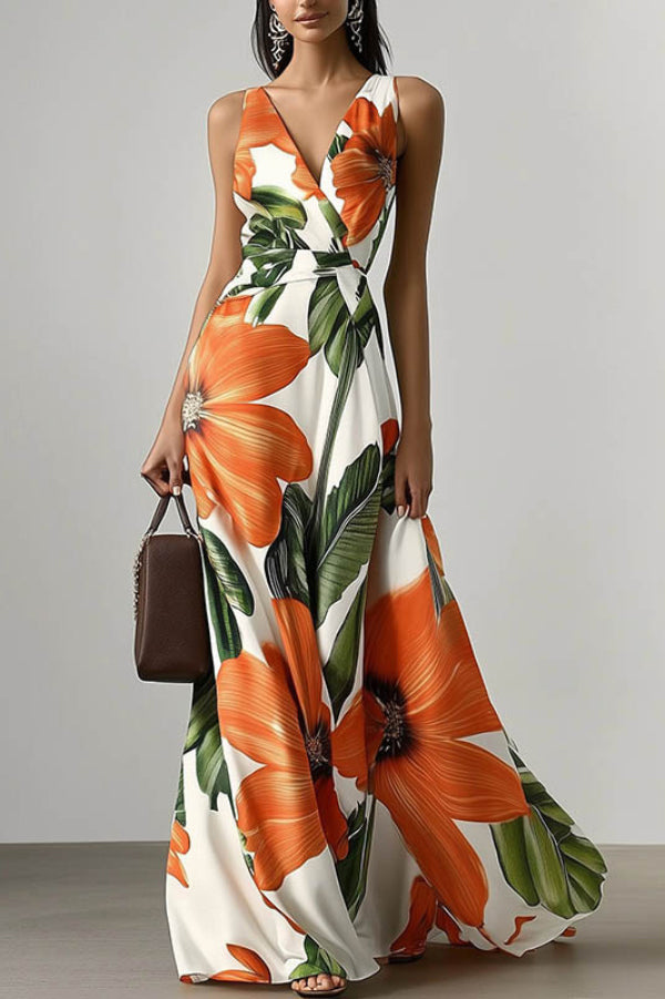 Cardydony Women's Floral Print V-neck Sleeveless Fitted Waist Vacation Maxi Dress