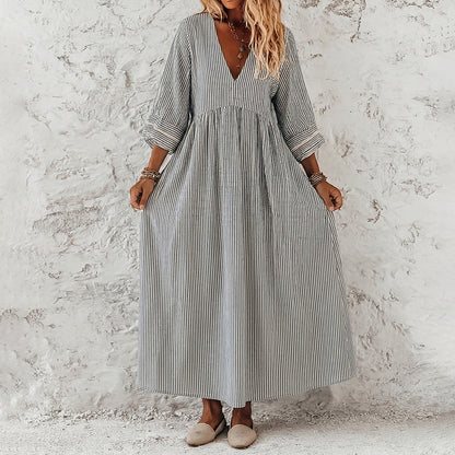Cardydony Women's Retro Stripes Print Elegant Linen Dress