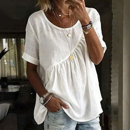 Cardydony Women's Vintage Irregular Pleated Design Short Sleeves Round Neck Linen T-shirt