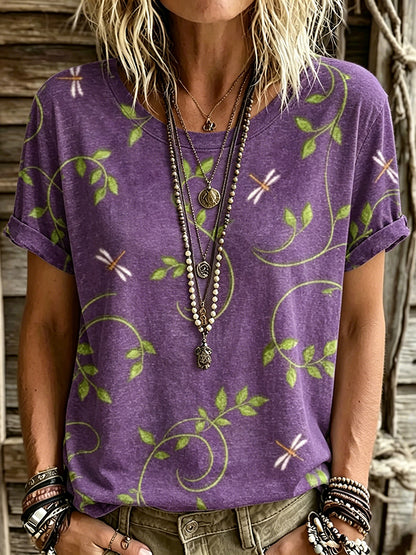 Cardydony Women's Retro Leaf And Dragonfly Pattern Crew Neck T-shirt