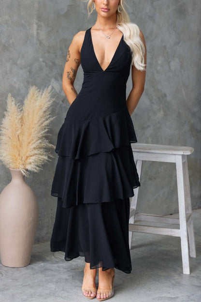 Cardydony Women's Solid Color V-neck Sleeveless Elegant Layered Maxi Dress