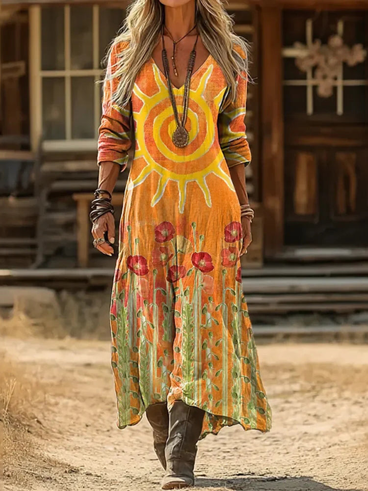 Cardydony Women's Hippie Sun And Floral Print Long Sleeve Maxi Dress