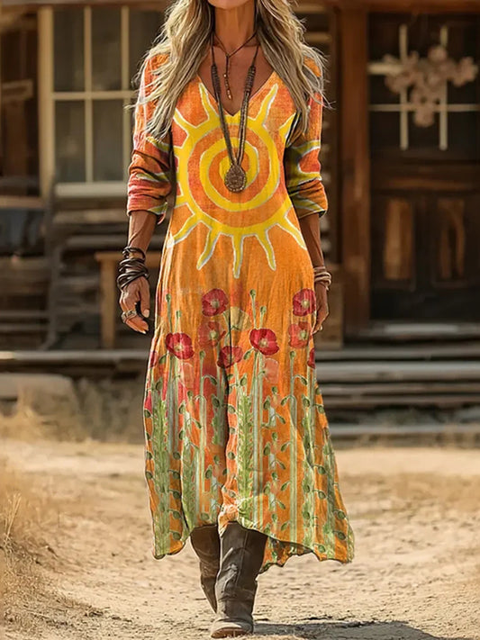 Cardydony Women's Hippie Sun And Floral Print Long Sleeve Maxi Dress