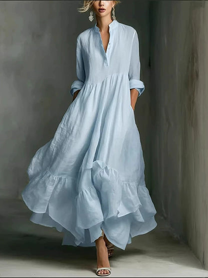 Cardydony Women's Flowy Solid Color Buttons Linen Blend Maxi Bud Dress