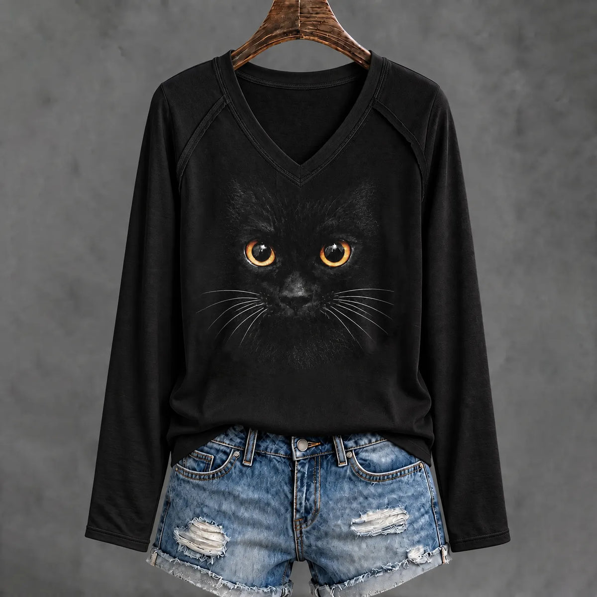 Cardydony Women's Cute Black Cat Abstract Art Print Casual Long-sleeve T-shirt