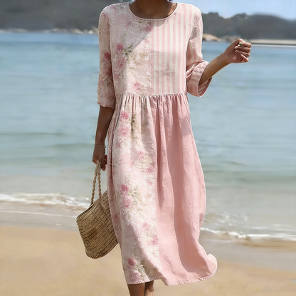 Cardydony Bohemian Country Style Plant Flower Patchwork Striped Design Women's Leisure Linen Dress