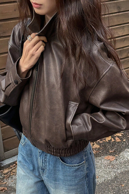 Cardydony Women's Fashion Lapel Long Sleeve Casual Pocket Short Leather Jacket