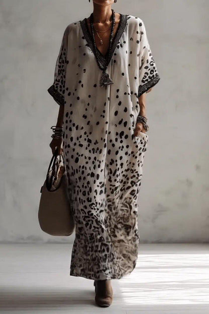 Cardydony Women's  Unique Print V-Neck Half Sleeve Loose Casual Maxi Dress