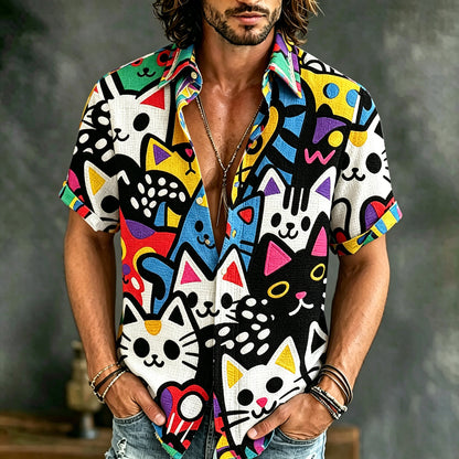 Cardydony Men's Cat Collection Hand Drawn Cartoon Colorful Cats Inspired Art Flowy Linen Blend Shirt