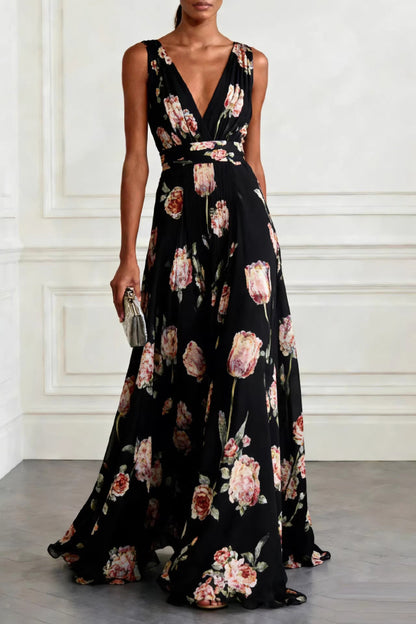 Cardydony Women's  Tulip Print V-Neck Sleeveless Elegant Waist-Defining Maxi Dress