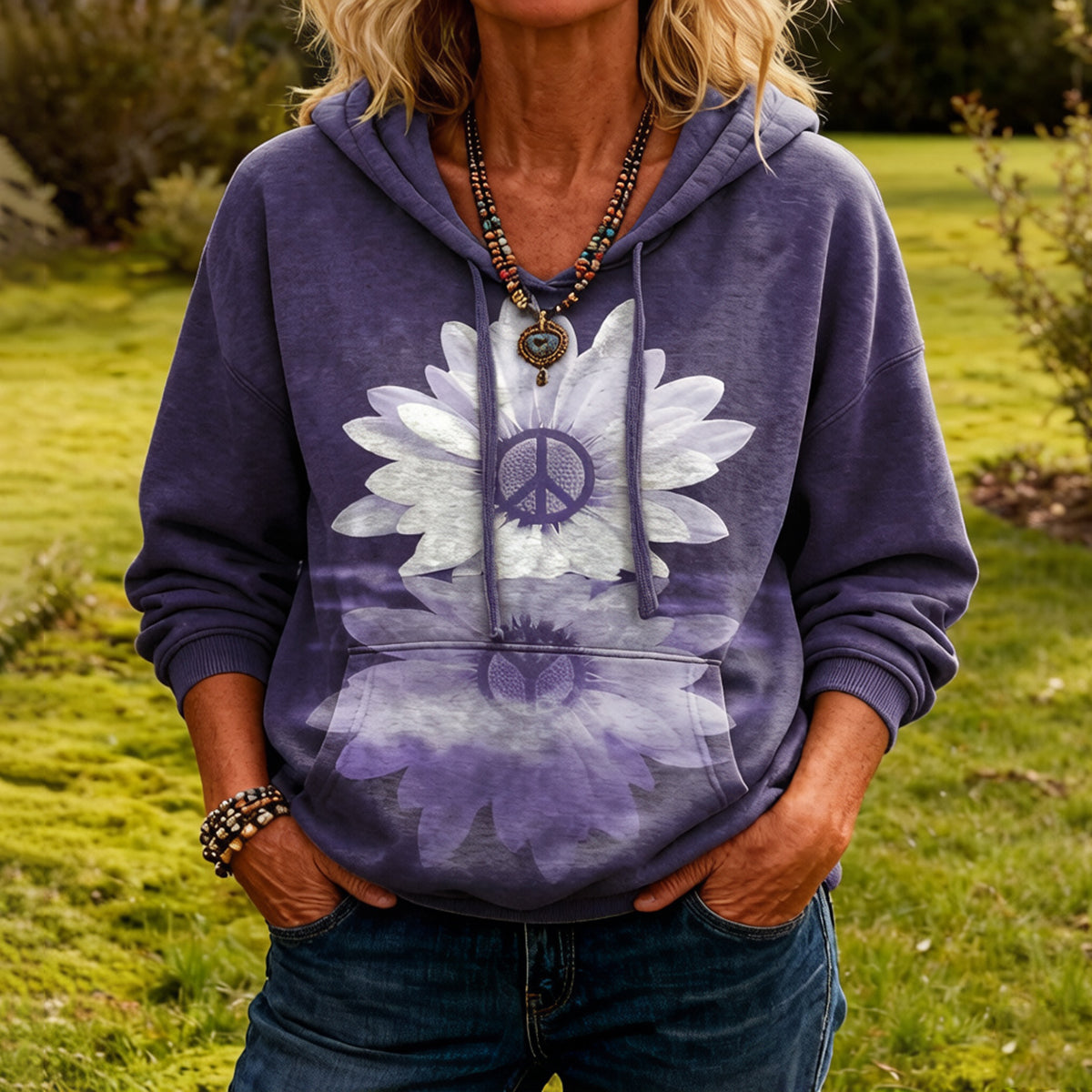 Cardydony Women's Peace Tie-dye Froal Art Pattern Casual Hoodie