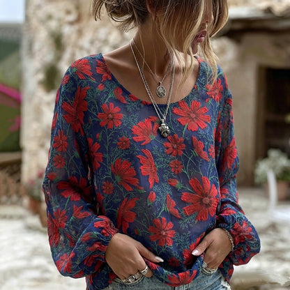 Cardydony Women's Retro Bohemian Floral Print Long Sleeve Linen Blend T-shirt