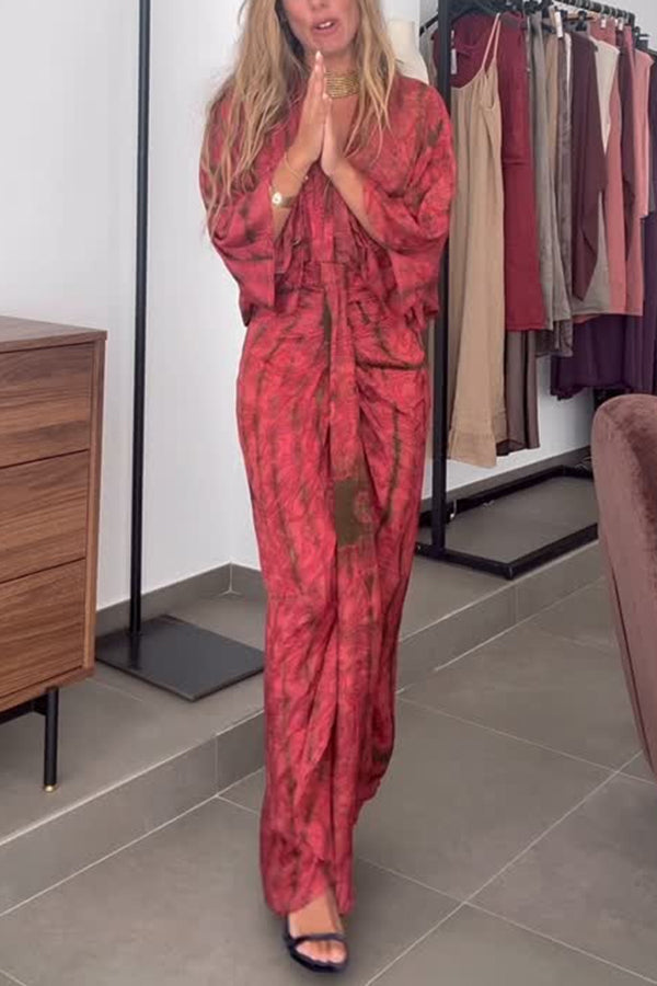 Cardydony Women's Unique Printed V-neck High-waisted Loose-fitting Holiday Maxi Dress