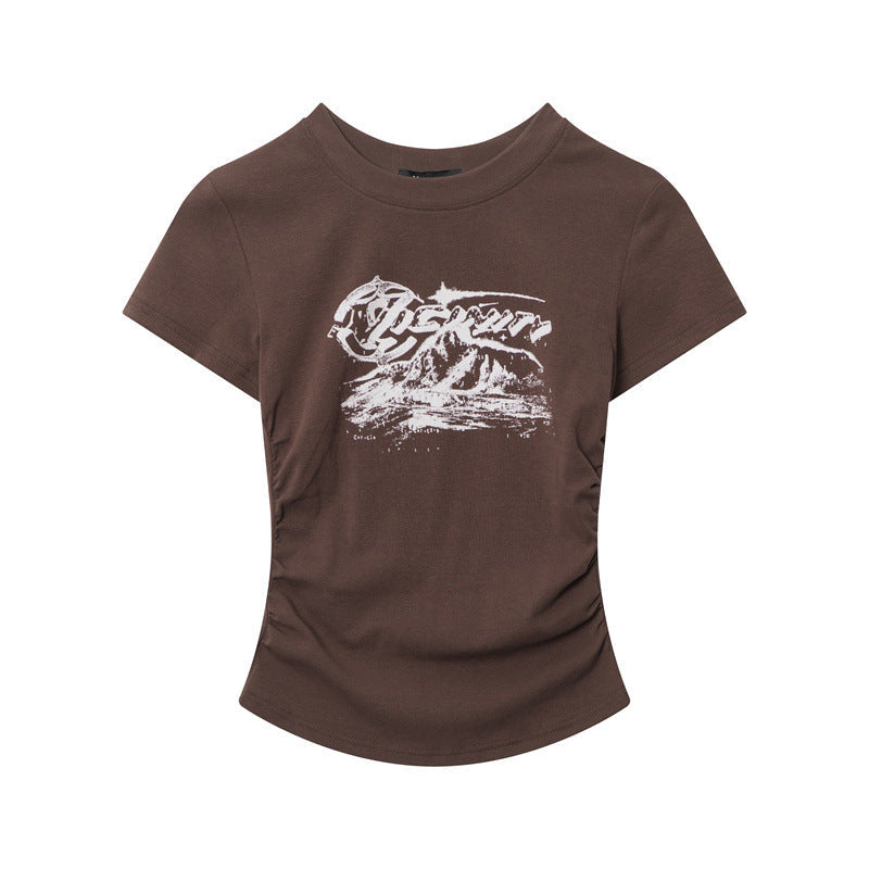 Cardydony Women's Casual Printed Slim-Fit T-Shirt with Ruched Design