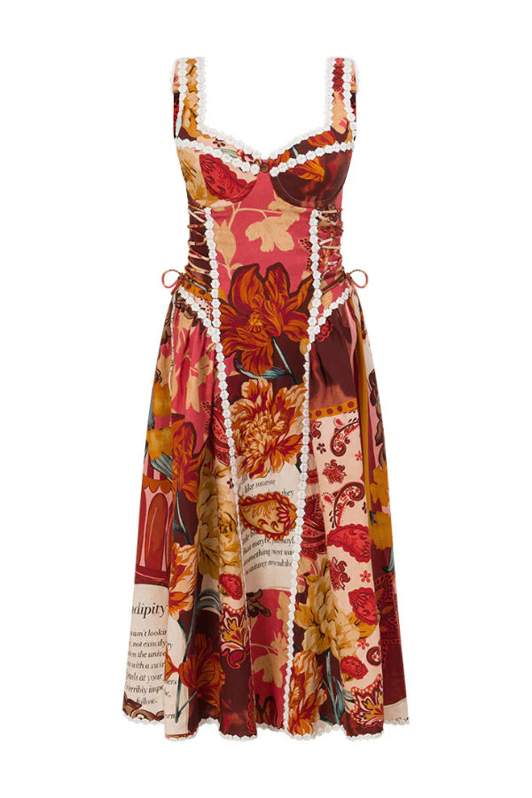 Cardydony Women's  Unique Printed Floral Trim Suspender Side Tie Vacation Midi Dress