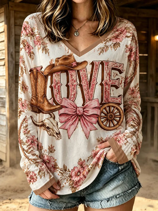 Cardydony Women's Western Country Cowboy Love Bow Tie Plant Floral Short Sleeve Top