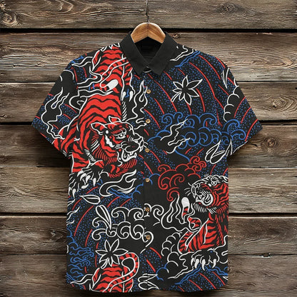 Cardydony Vintage Japanese Tiger Art Pattern Linen Shirt