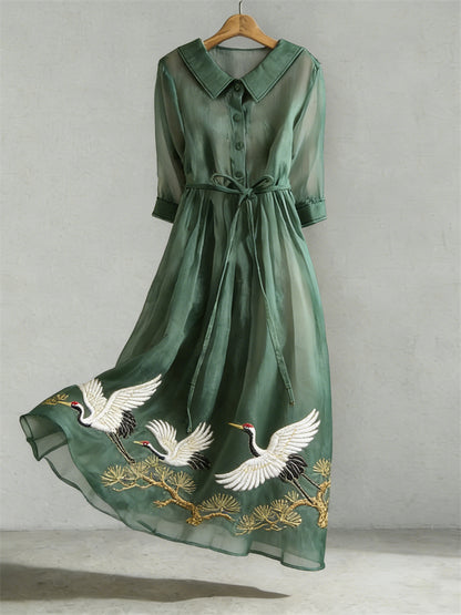 Cardydony Cranes & Pine Trees Japanese Art Flowy Maxi Dress