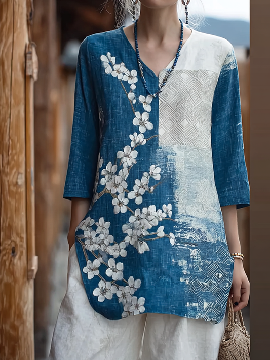 Cardydony Japanese Art Retro Style Cherry Blossom Pattern Women's V-neck Top