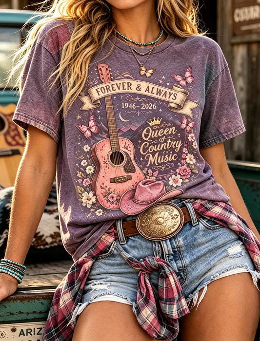 Cardydony Women's Vintage Queen Of Country Music Forever And Always Memorial Art Print Short Sleeve Round‑neck T-shirt