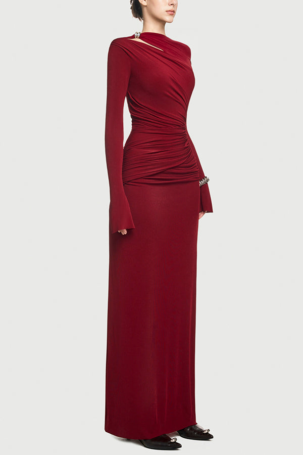 Cardydony Women's Stylish Long-sleeved Slim-fit Pleated Elegant Maxi Dress