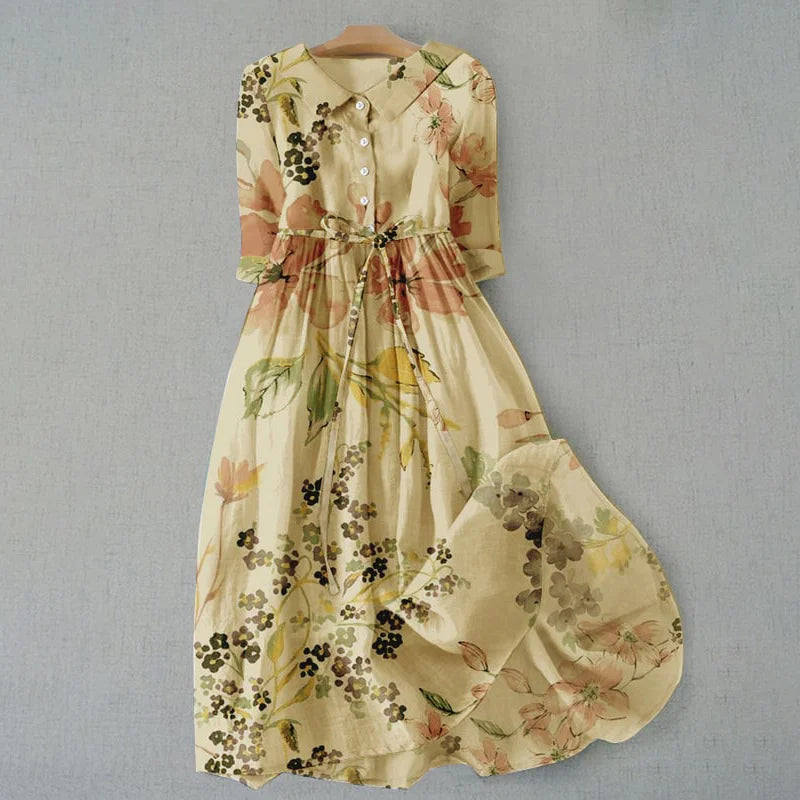 Cardydony Elegant Japanese Art Floral Print Lace-up Casual Midi Dress
