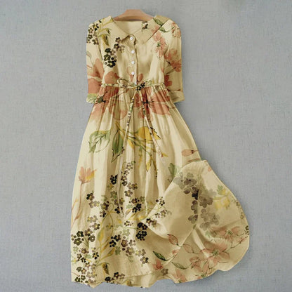 Cardydony Elegant Japanese Art Floral Print Lace-up Casual Midi Dress