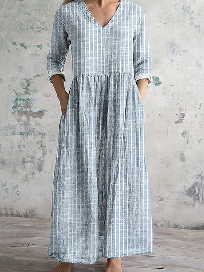 Cardydony Vintage Stripe Pattern Women's Linen Dress