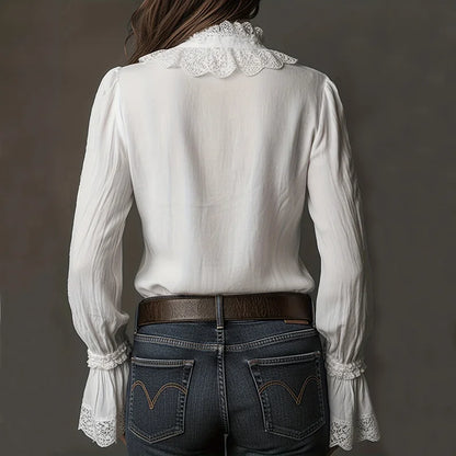 Cardydony Women's Retro Lace Cotton And Linen Long-sleeved Shirt