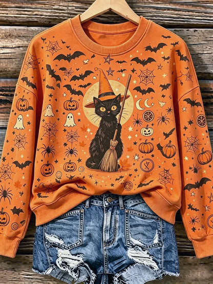Cardydony Women's Retro Halloween Cat, Ghost, And Spider Print Sweatshirt