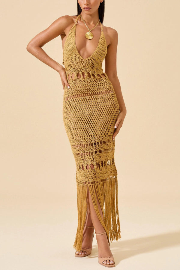 Cardydony Women's Fashionable Open-knit Backless Elegant Tassel Hem Vacation Cover-up Maxi Dress