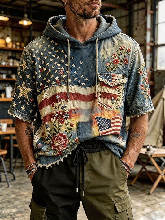 Cardydony Vintage American Flag Independence Day Denim Hoodie Shirt For Men