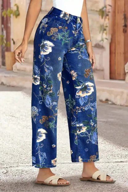 Cardydony Women's Floral Print Loose Pocket High-waisted Wide-leg Jeans