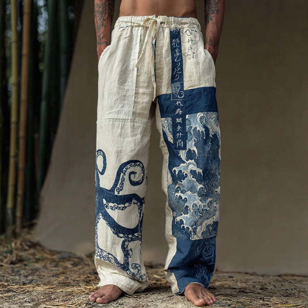 Cardydony Men's Japanese-style Octopus Print Sea Elastic Waist Pants